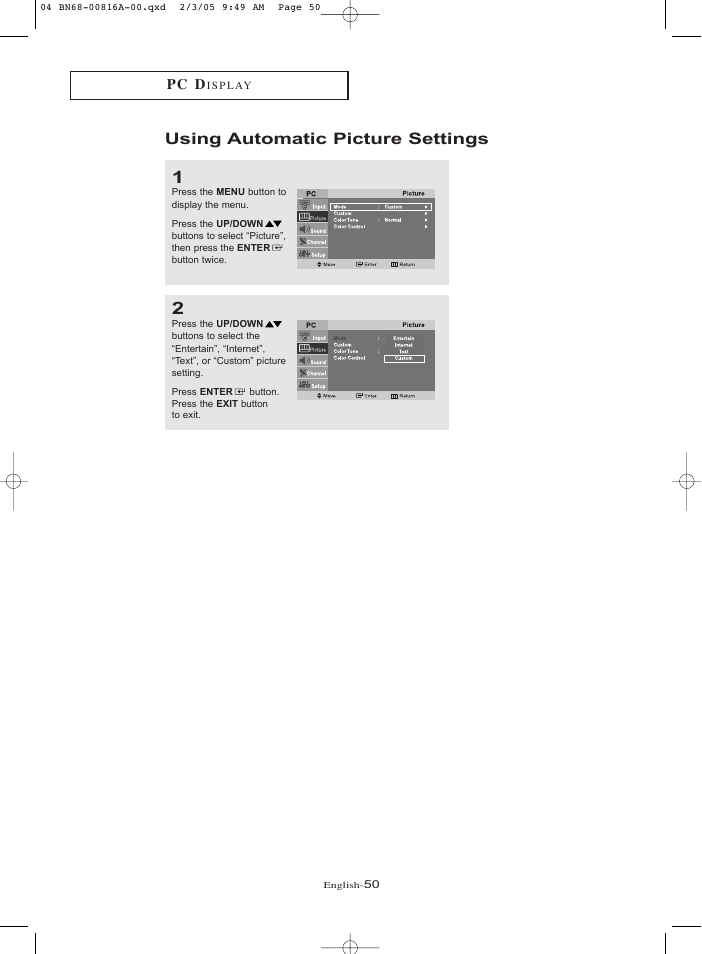 Using automatic picture settings, Pc d | Samsung LNR1550PX-XAA User Manual | Page 55 / 68