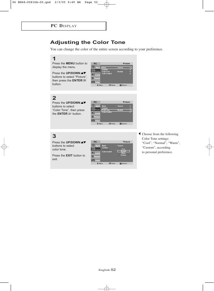 Adjusting the color tone | Samsung LNR1550PX-XAA User Manual | Page 57 / 68