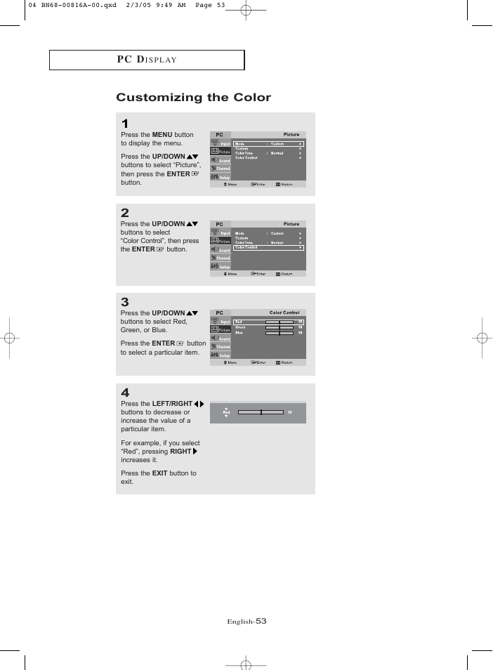 Customizing the color | Samsung LNR1550PX-XAA User Manual | Page 58 / 68