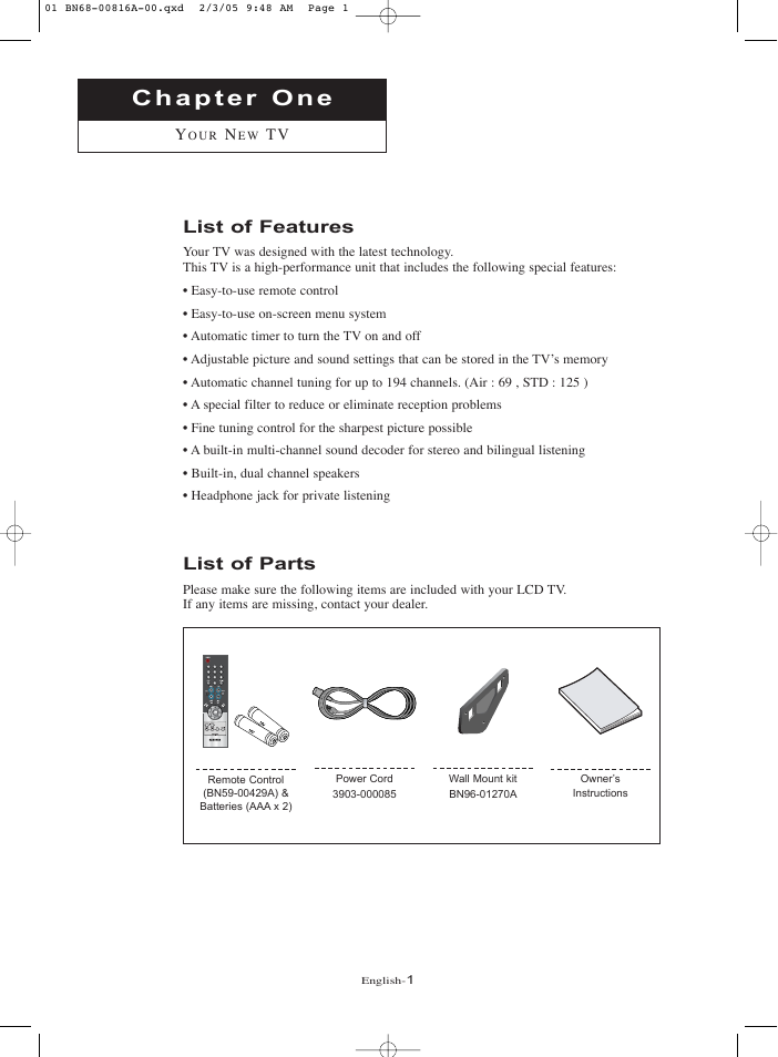 Chapter 1: your new tv, List of features, List of parts | Samsung LNR1550PX-XAA User Manual | Page 6 / 68