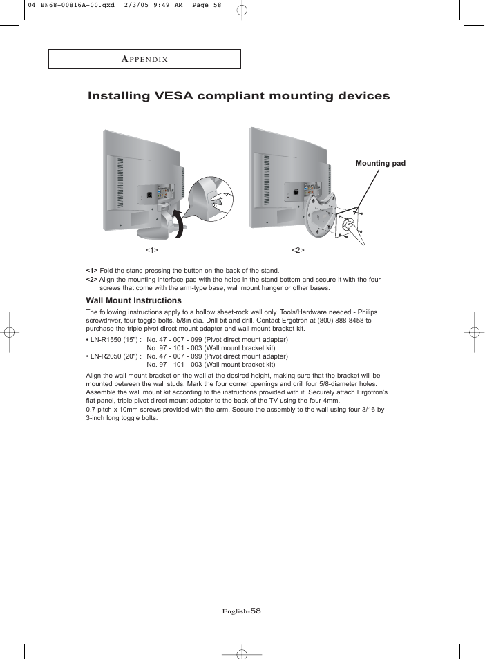 Installing vesa compliant mounting devices | Samsung LNR1550PX-XAA User Manual | Page 63 / 68