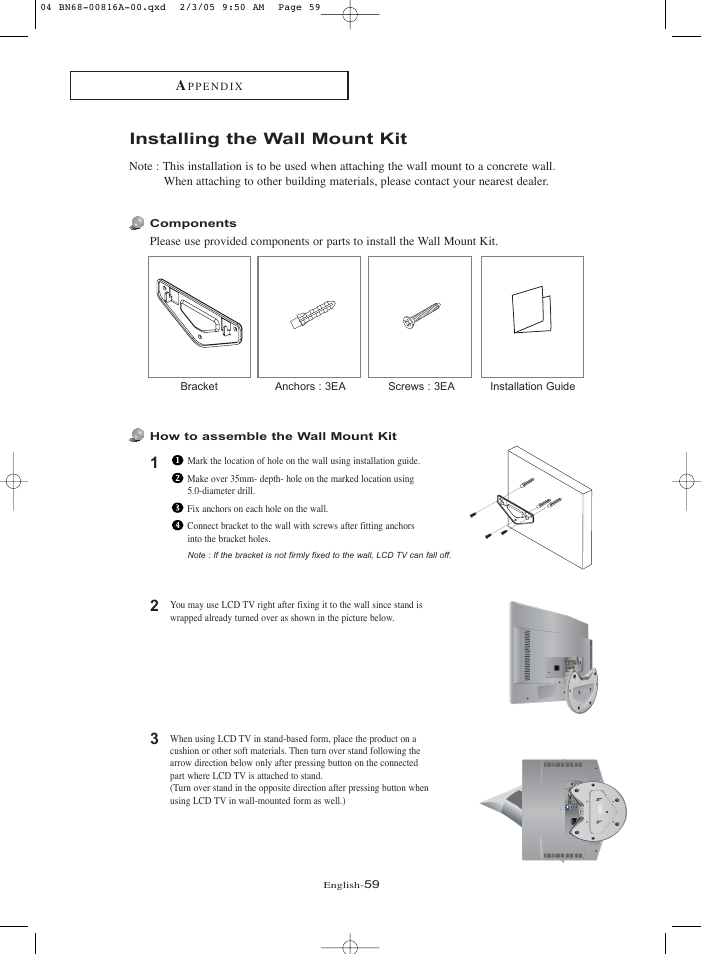 Installing the wall mount kit | Samsung LNR1550PX-XAA User Manual | Page 64 / 68