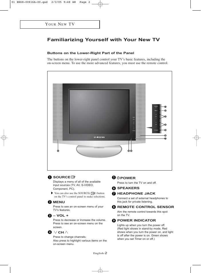 Familiarizing yourself with your new tv, Buttons on the lower-right part of the panel | Samsung LNR1550PX-XAA User Manual | Page 7 / 68