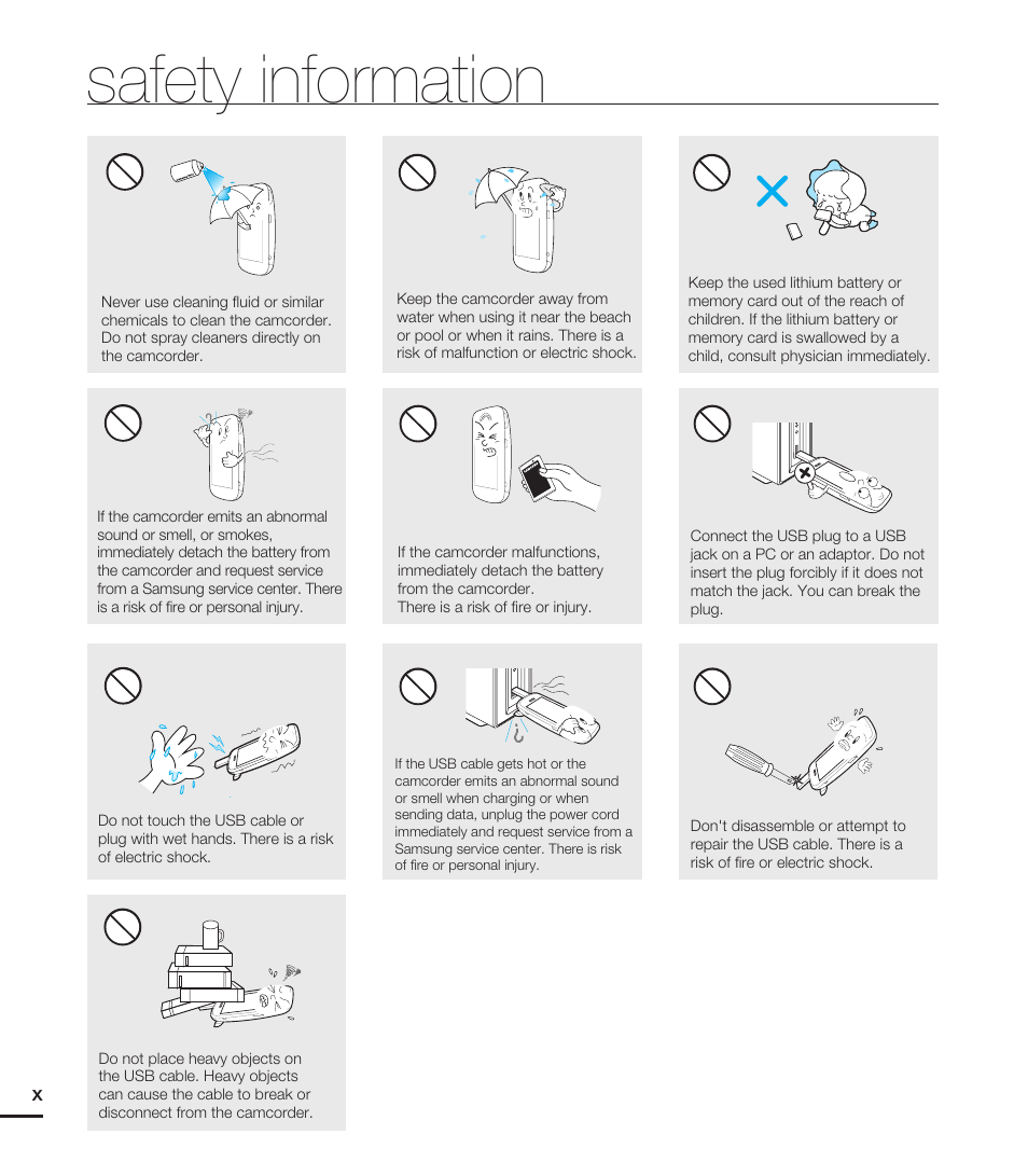 Safety information | Samsung HMX-E10ON-XAA User Manual | Page 10 / 98