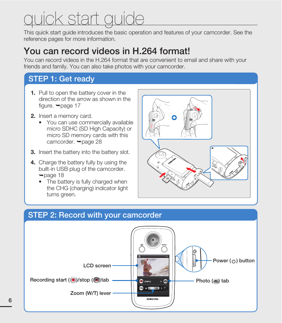 Quick start guide, You can record videos in h.264 format, Step 1: get ready | Step 2: record with your camcorder | Samsung HMX-E10ON-XAA User Manual | Page 16 / 98