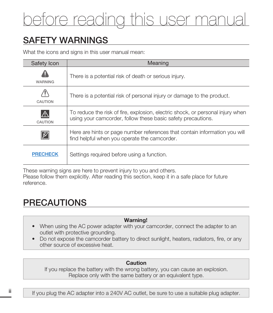 Before reading this user manual, Safety warnings, Precautions | Samsung HMX-E10ON-XAA User Manual | Page 2 / 98