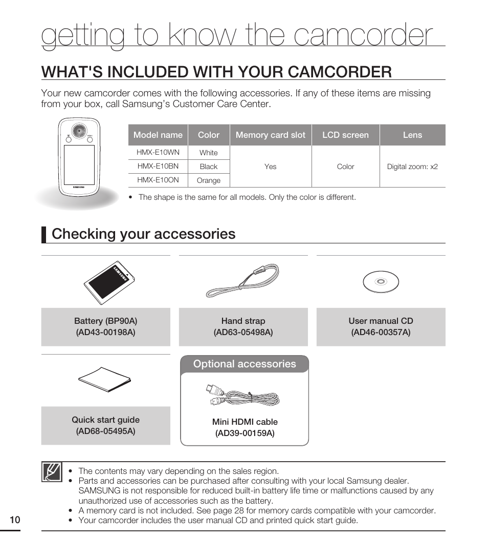 Getting to know the camcorder, What's included with your camcorder, Checking your accessories | Samsung HMX-E10ON-XAA User Manual | Page 20 / 98