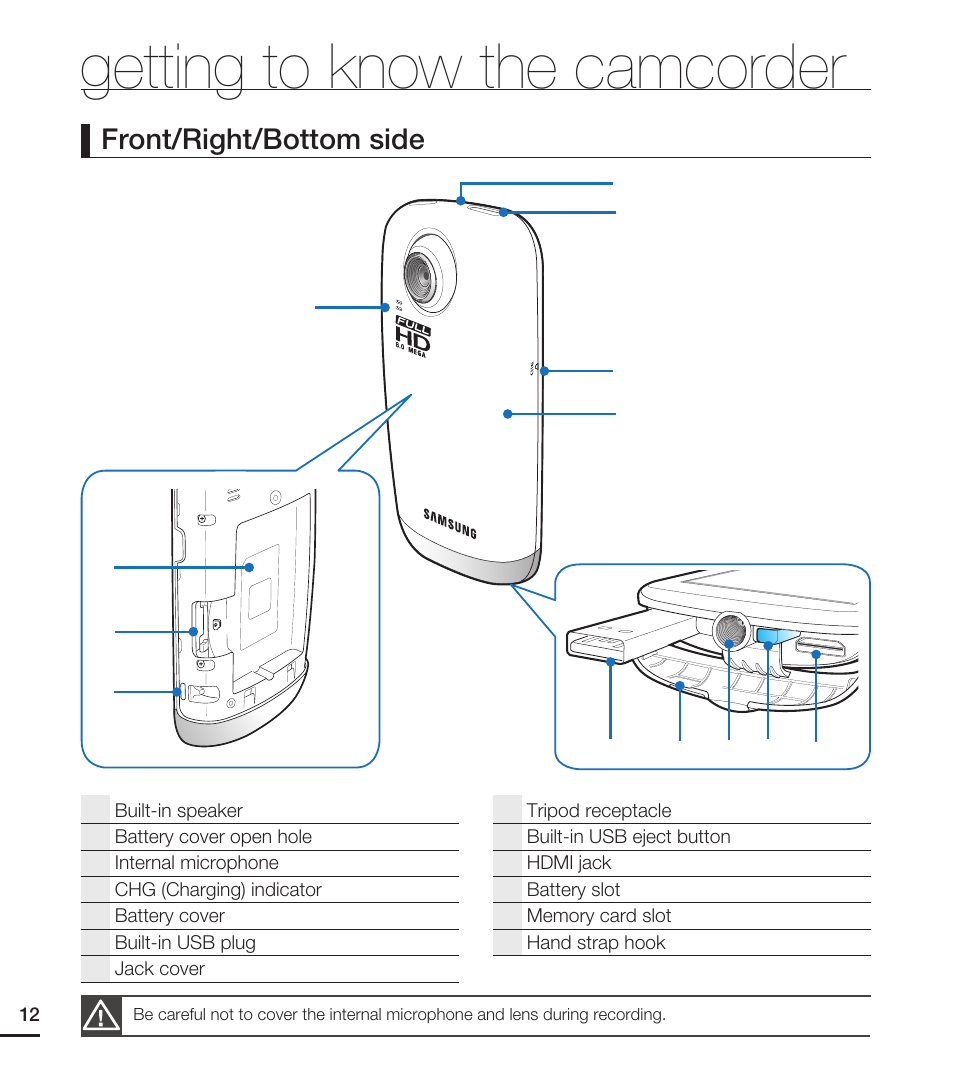 Getting to know the camcorder, Front/right/bottom side | Samsung HMX-E10ON-XAA User Manual | Page 22 / 98