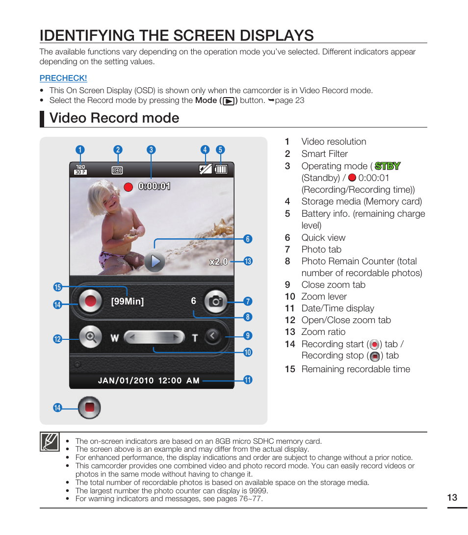 Identifying the screen displays, Video record mode | Samsung HMX-E10ON-XAA User Manual | Page 23 / 98