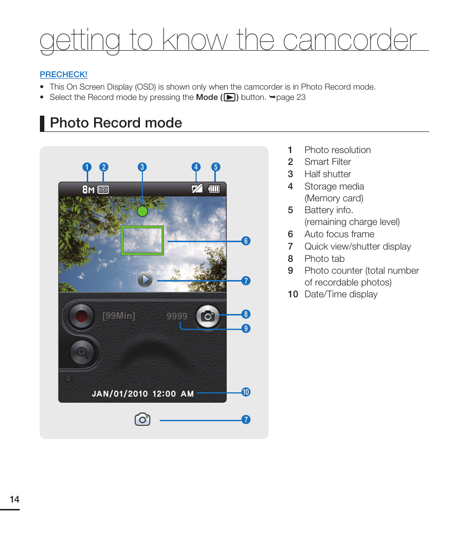 Getting to know the camcorder, Photo record mode | Samsung HMX-E10ON-XAA User Manual | Page 24 / 98