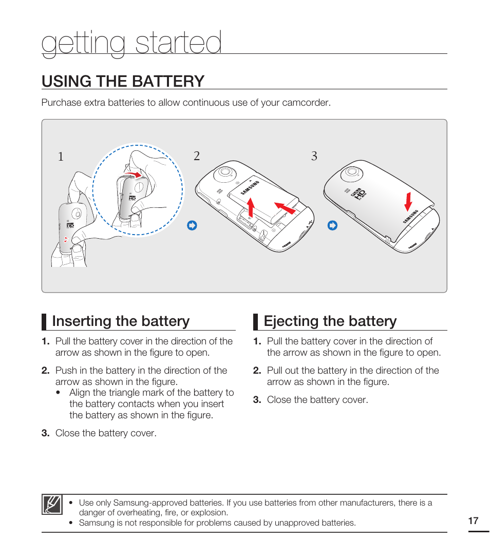 Getting started, Using the battery, Inserting the battery | Ejecting the battery | Samsung HMX-E10ON-XAA User Manual | Page 27 / 98