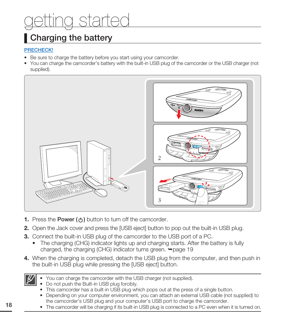 Getting started, Charging the battery | Samsung HMX-E10ON-XAA User Manual | Page 28 / 98