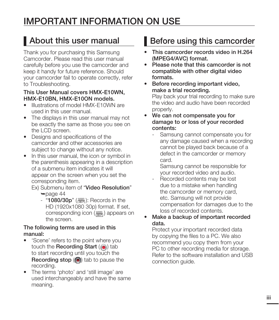 Important information on use, Before using this camcorder, About this user manual | Samsung HMX-E10ON-XAA User Manual | Page 3 / 98