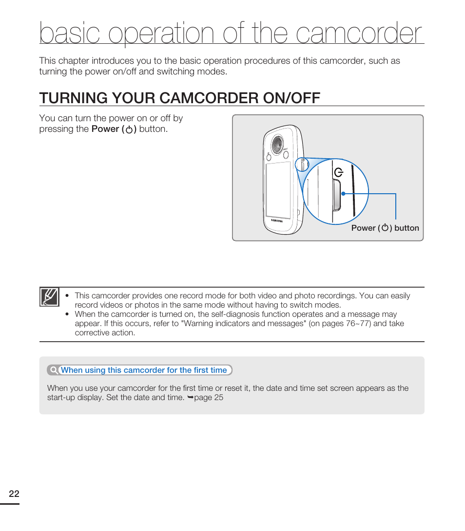 Basic operation of the camcorder, Turning your camcorder on/off | Samsung HMX-E10ON-XAA User Manual | Page 32 / 98