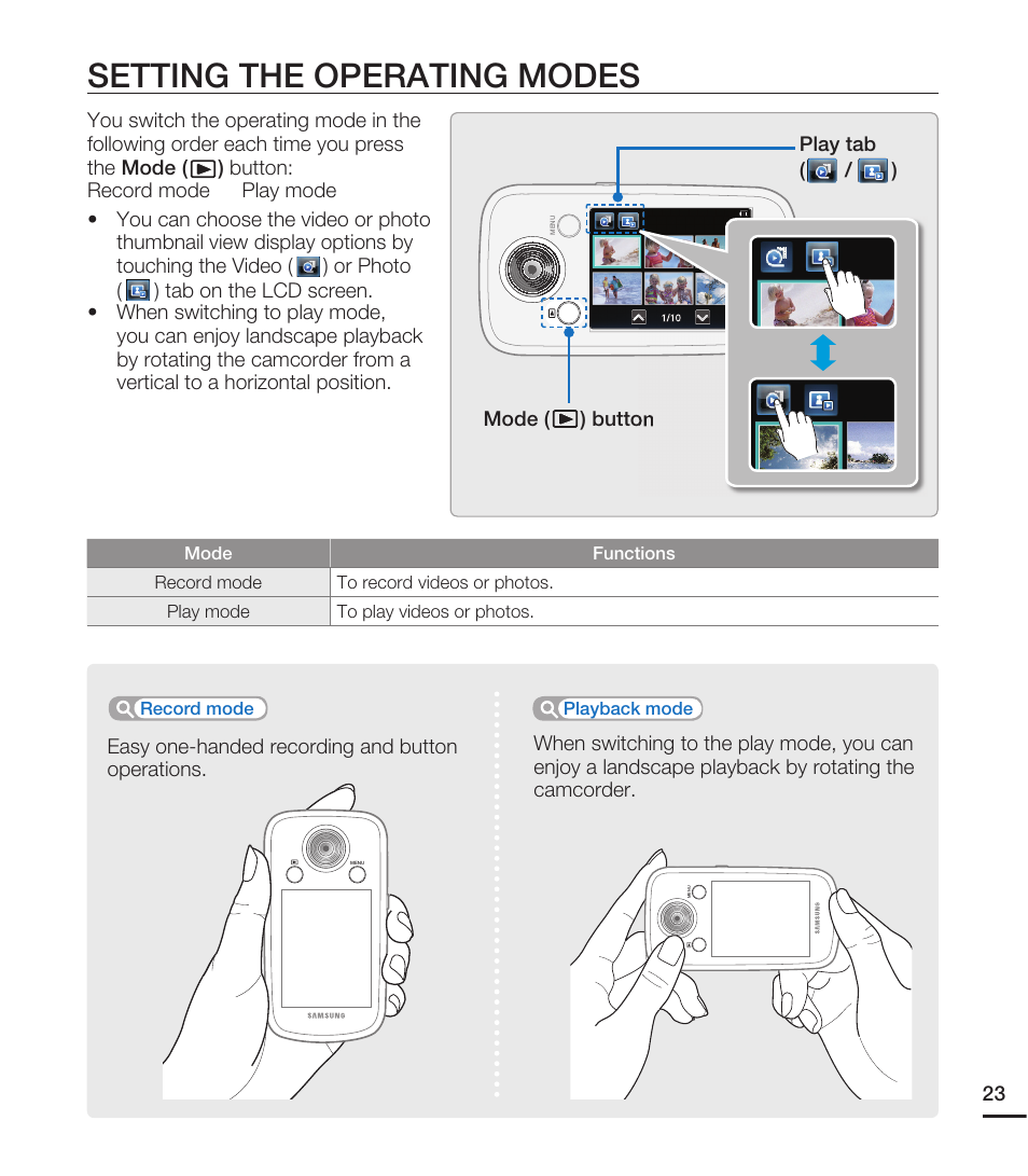 Setting the operating modes | Samsung HMX-E10ON-XAA User Manual | Page 33 / 98