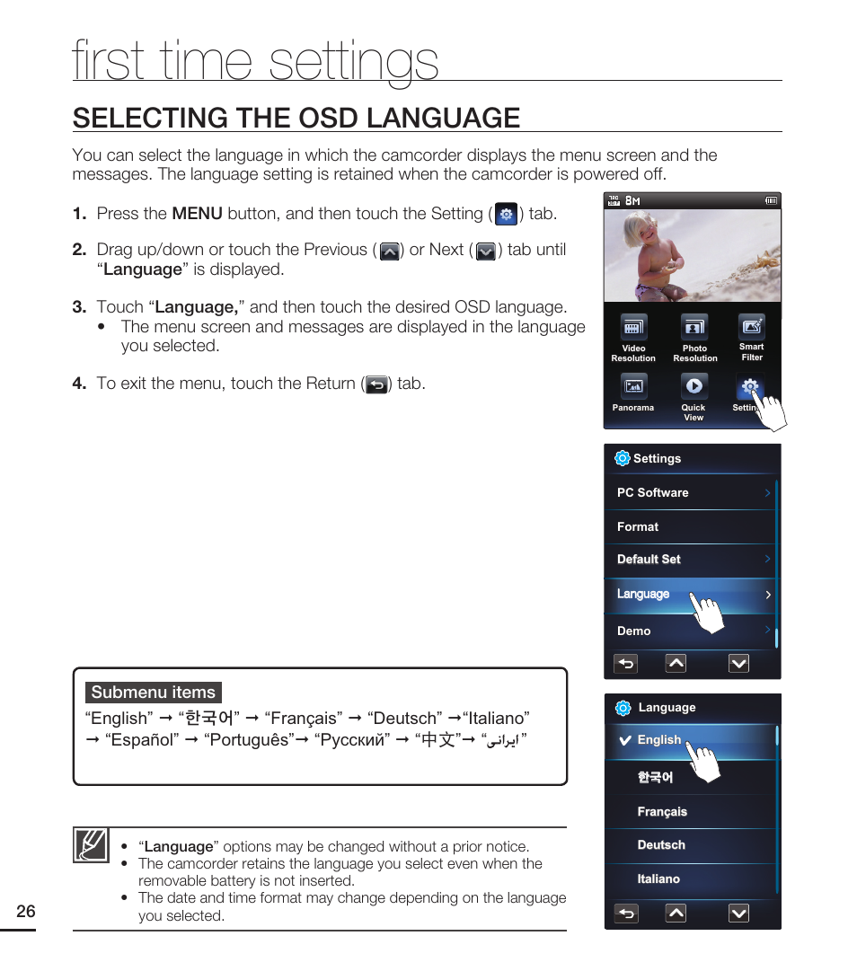 Selecting the osd language, FI rst time settings | Samsung HMX-E10ON-XAA User Manual | Page 36 / 98