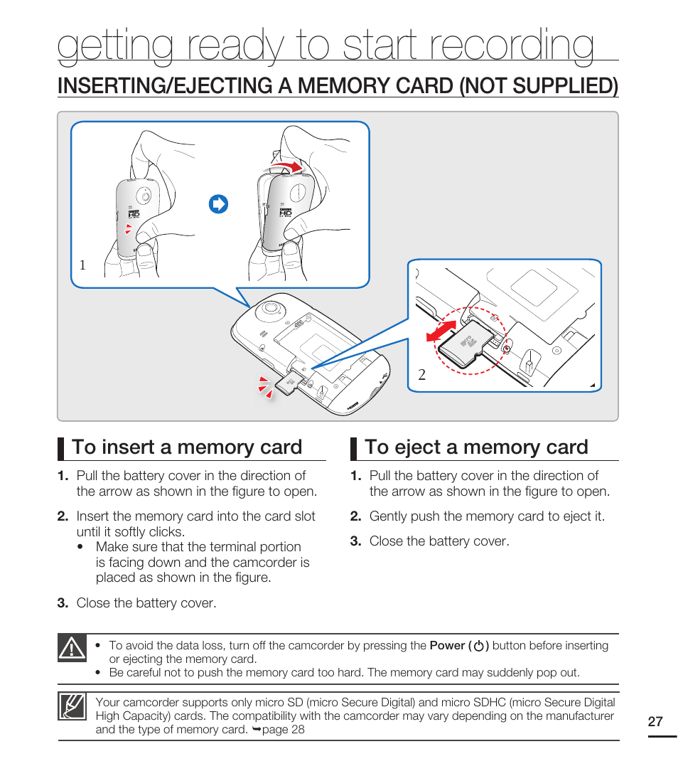 Getting ready to start recording, Inserting/ejecting a memory card (not supplied) | Samsung HMX-E10ON-XAA User Manual | Page 37 / 98