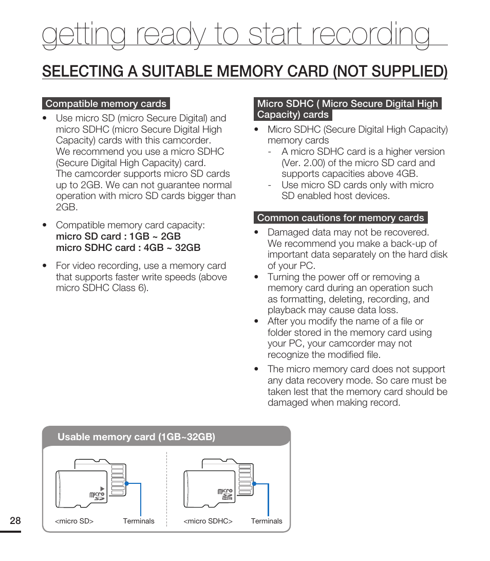 Selecting a suitable memory card (not supplied), Getting ready to start recording | Samsung HMX-E10ON-XAA User Manual | Page 38 / 98