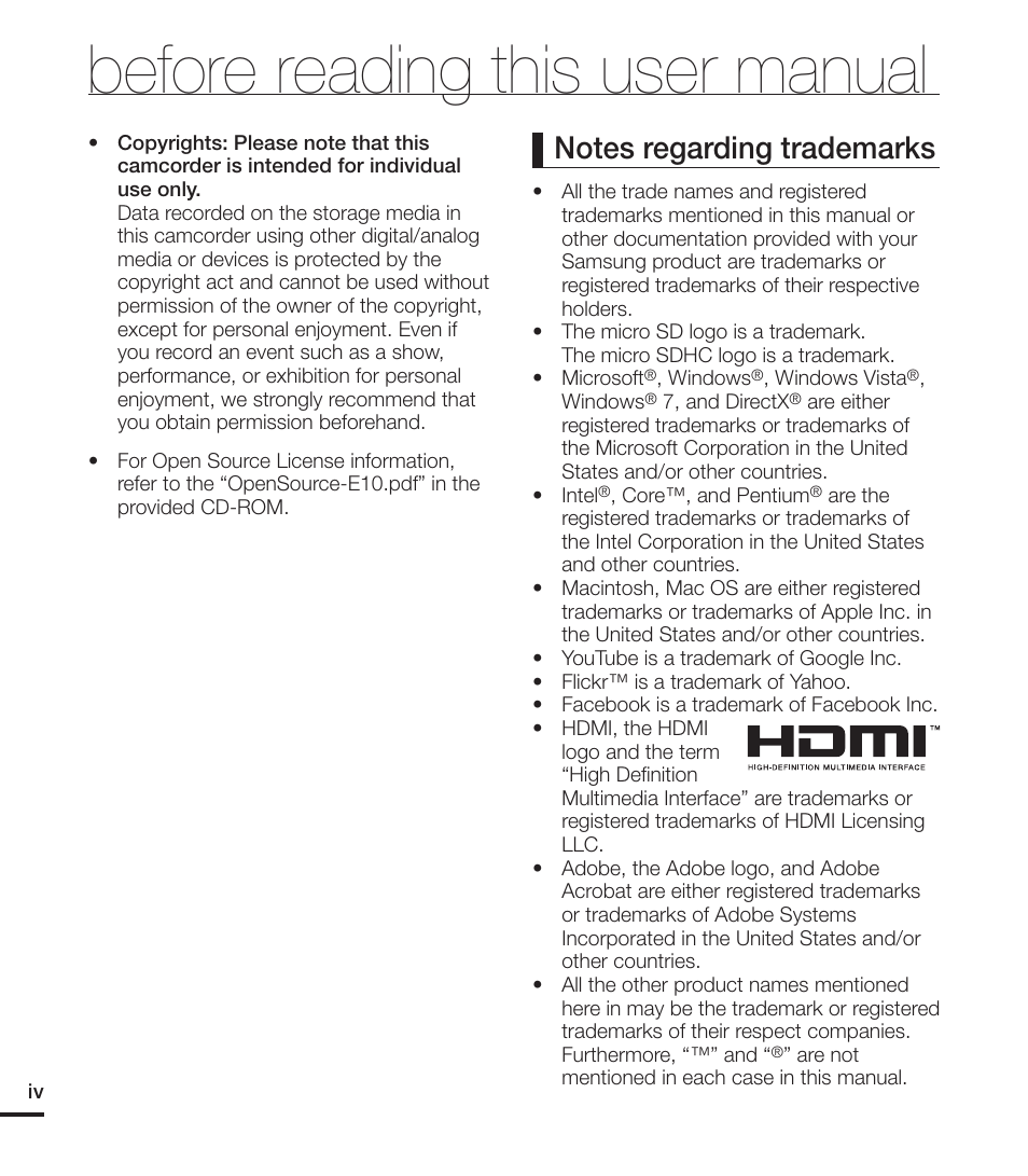 Before reading this user manual | Samsung HMX-E10ON-XAA User Manual | Page 4 / 98