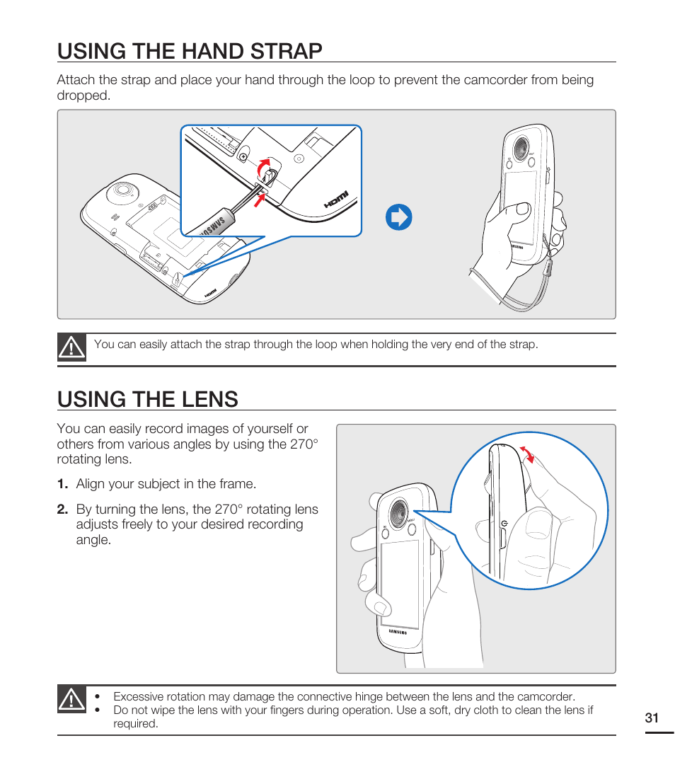 Using the hand strap, Using the lens | Samsung HMX-E10ON-XAA User Manual | Page 41 / 98