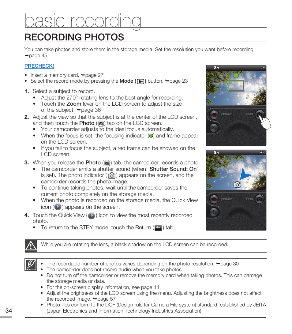 Recording photos, Basic recording | Samsung HMX-E10ON-XAA User Manual | Page 44 / 98