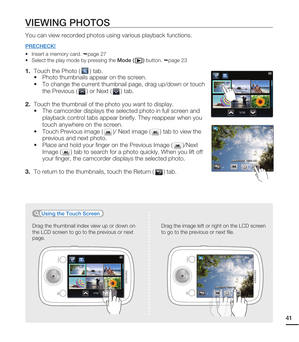 Viewing photos | Samsung HMX-E10ON-XAA User Manual | Page 51 / 98