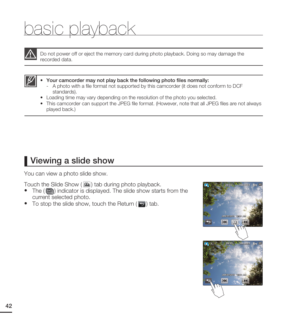 Basic playback, Viewing a slide show | Samsung HMX-E10ON-XAA User Manual | Page 52 / 98