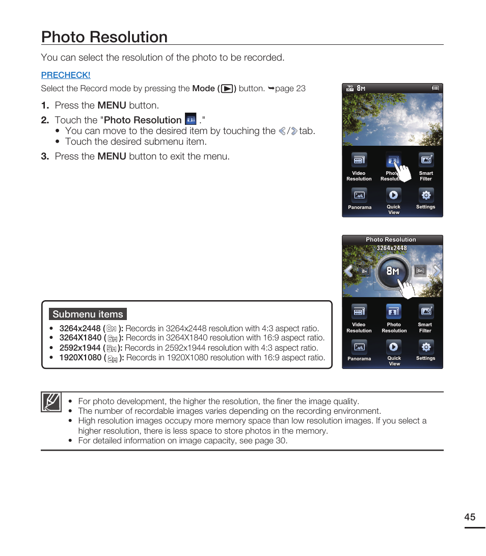 Photo resolution | Samsung HMX-E10ON-XAA User Manual | Page 55 / 98