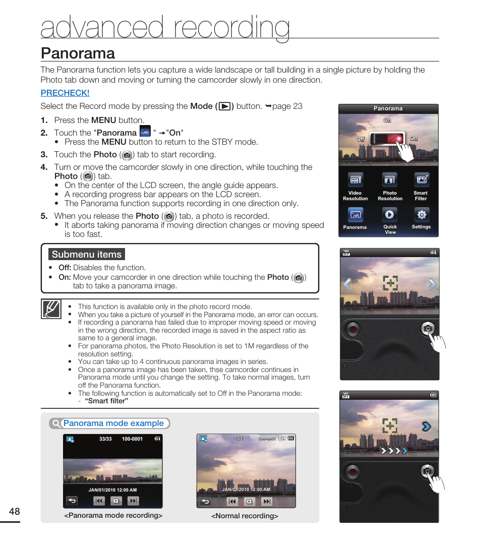 Panorama, Advanced recording, Submenu items | Samsung HMX-E10ON-XAA User Manual | Page 58 / 98