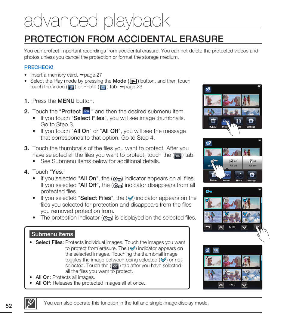 Protection from accidental erasure, Advanced playback | Samsung HMX-E10ON-XAA User Manual | Page 62 / 98