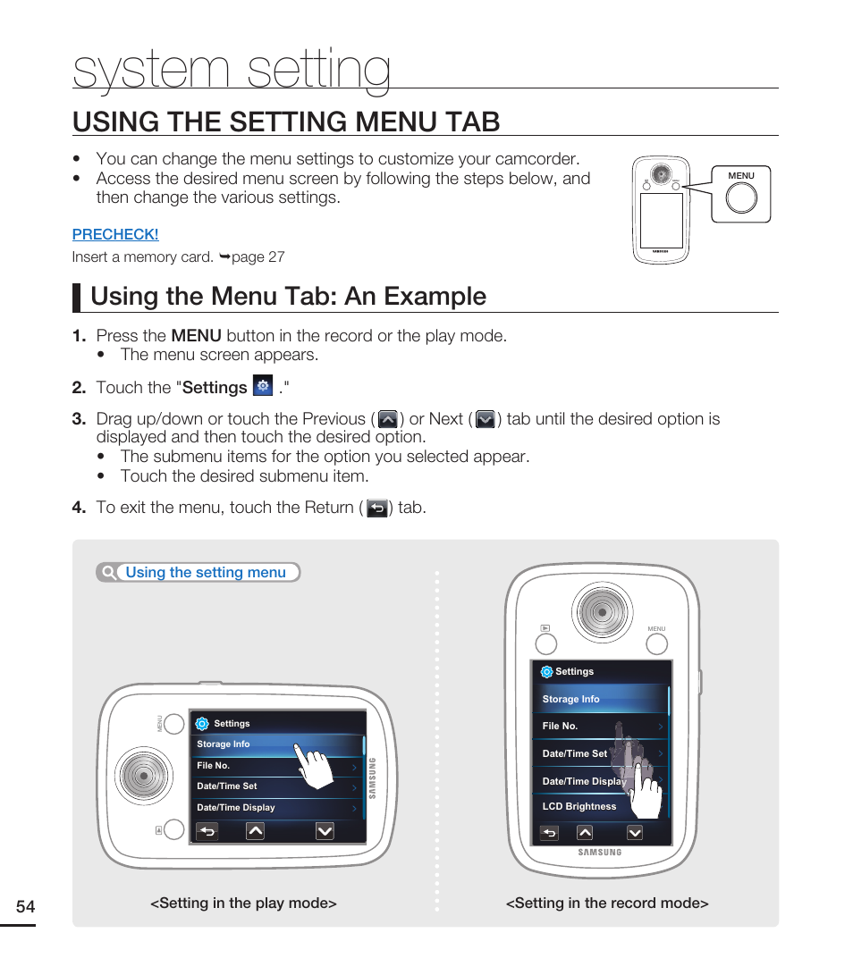 System setting, Using the setting menu tab, Using the menu tab: an example | Samsung HMX-E10ON-XAA User Manual | Page 64 / 98