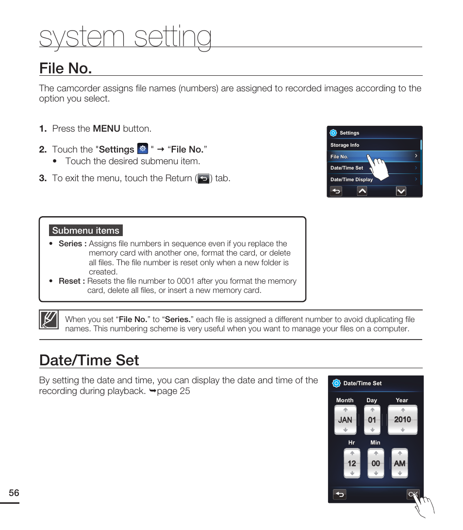 File no, Date/time set, System setting | Samsung HMX-E10ON-XAA User Manual | Page 66 / 98