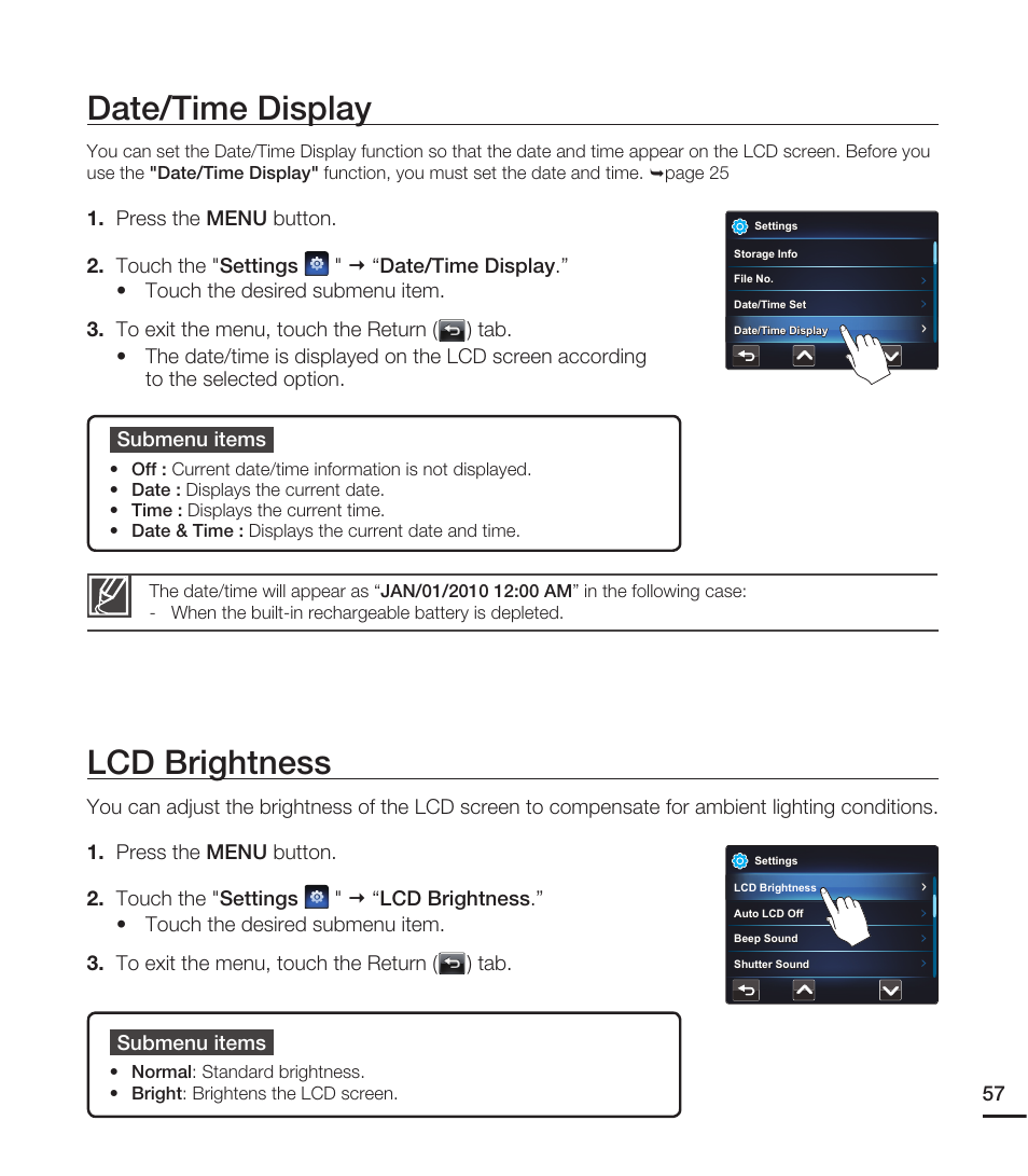 Date/time display, Lcd brightness | Samsung HMX-E10ON-XAA User Manual | Page 67 / 98