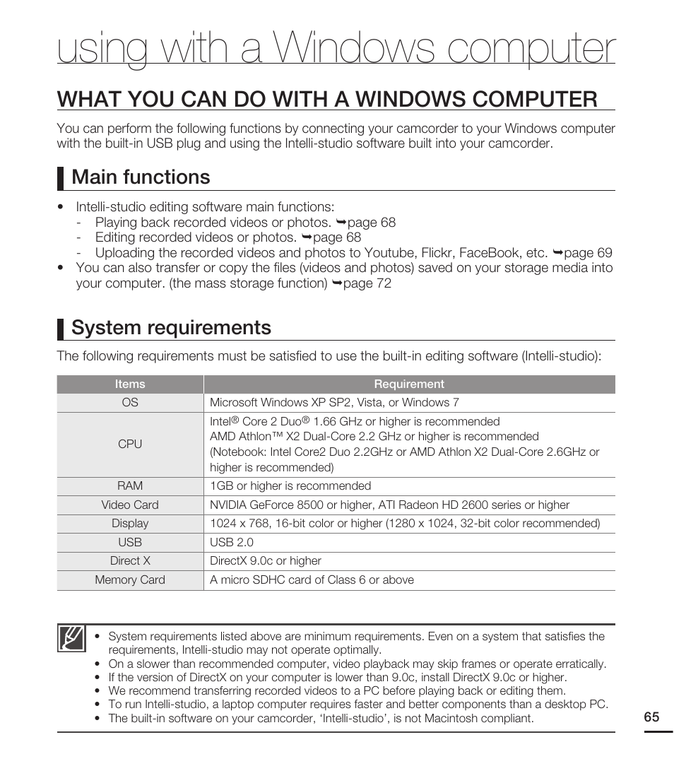 Using with a windows computer, What you can do with a windows computer, System requirements | Main functions | Samsung HMX-E10ON-XAA User Manual | Page 75 / 98