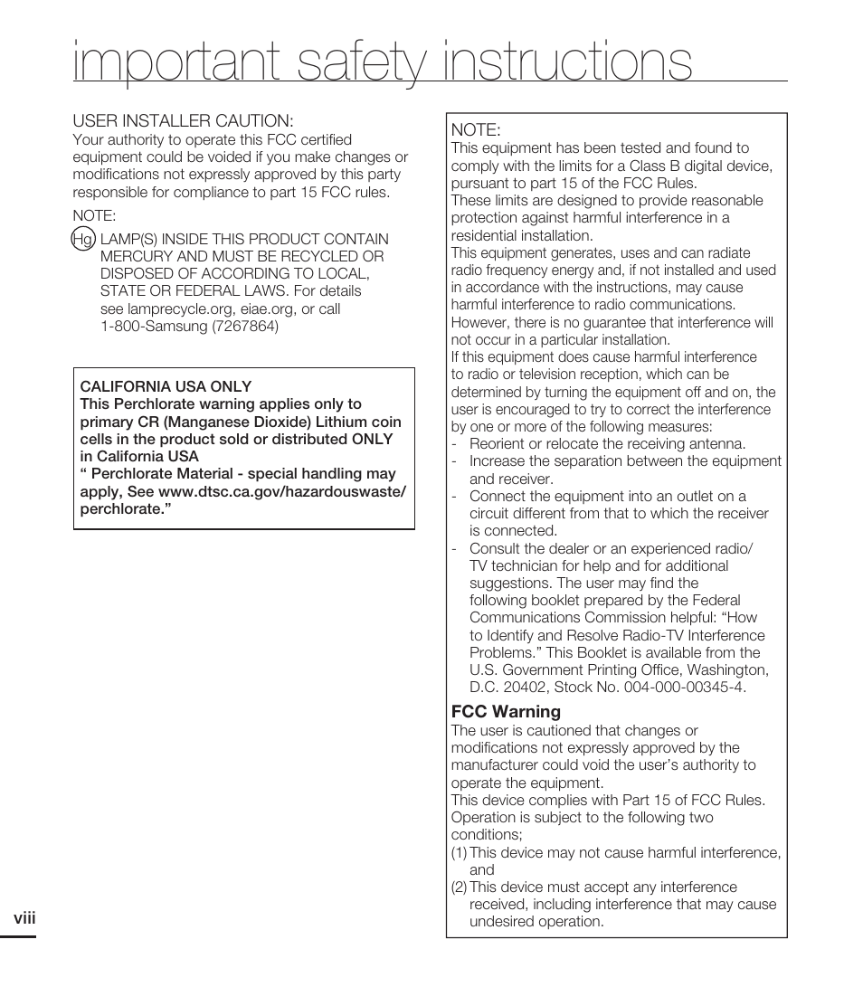 Important safety instructions | Samsung HMX-E10ON-XAA User Manual | Page 8 / 98