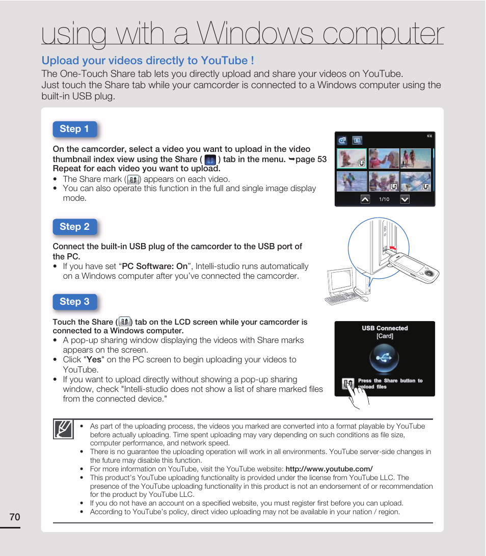 Using with a windows computer, Upload your videos directly to youtube | Samsung HMX-E10ON-XAA User Manual | Page 80 / 98