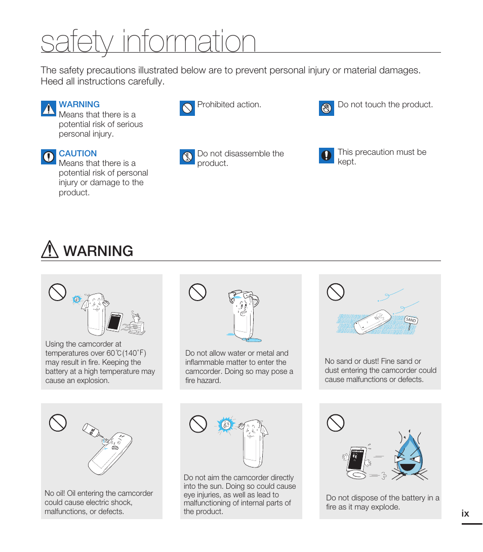 Safety information, Warning | Samsung HMX-E10ON-XAA User Manual | Page 9 / 98