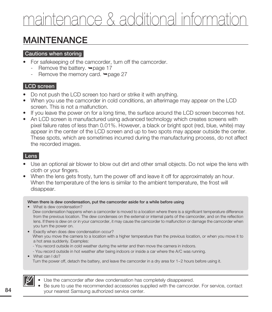 Maintenance & additional information, Maintenance | Samsung HMX-E10ON-XAA User Manual | Page 94 / 98