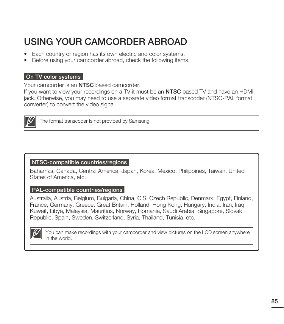 Using your camcorder abroad | Samsung HMX-E10ON-XAA User Manual | Page 95 / 98