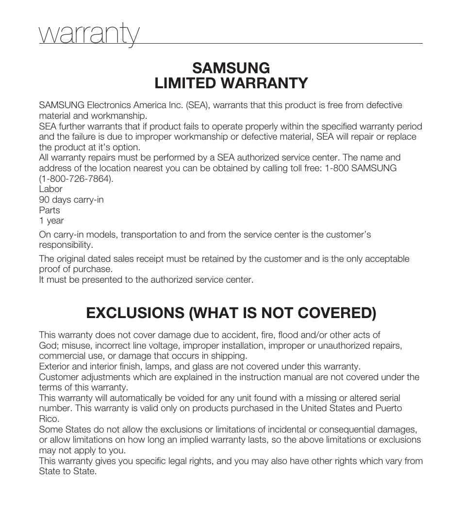 Warranty | Samsung HMX-E10ON-XAA User Manual | Page 97 / 98