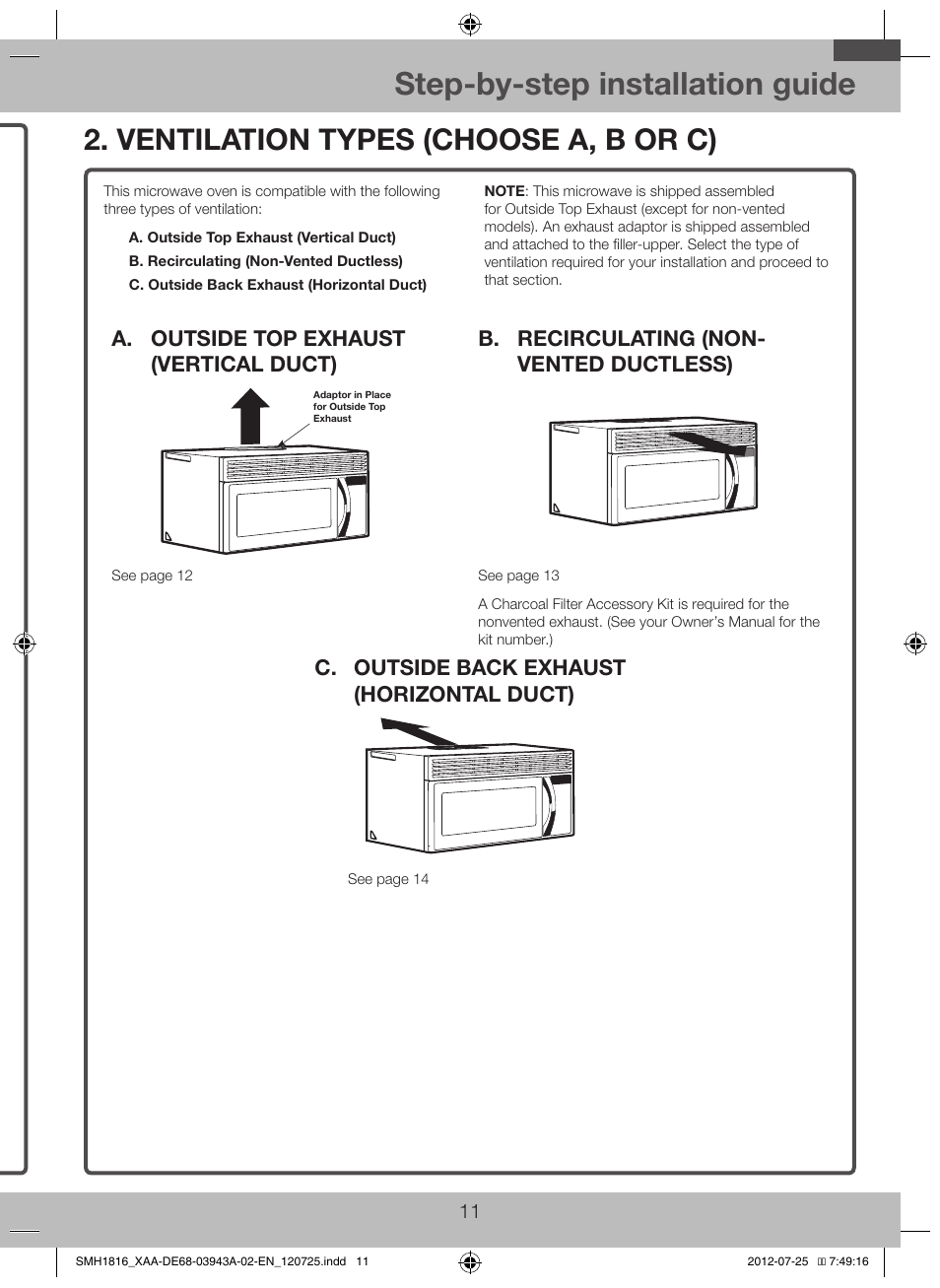 Ventilation types (choose a, b or c), Step-by-step installation guide, C. outside back exhaust (horizontal duct) | D. aligning the wall plate | Samsung SMH1926W-XAA User Manual | Page 11 / 20