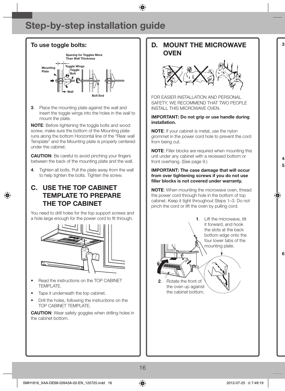 C. use the top cabinet template to prepare, The top cabinet, D. mount the microwave oven | Step-by-step installation guide | Samsung SMH1926W-XAA User Manual | Page 16 / 20