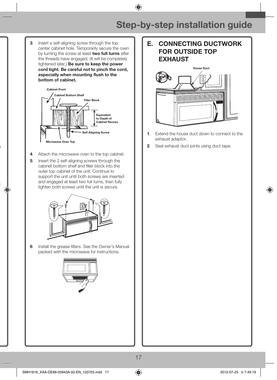 E. connecting ductwork for outside top, Exhaust, Step-by-step installation guide | D. mount the microwave oven, E. connecting ductwork for outside top exhaust | Samsung SMH1926W-XAA User Manual | Page 17 / 20