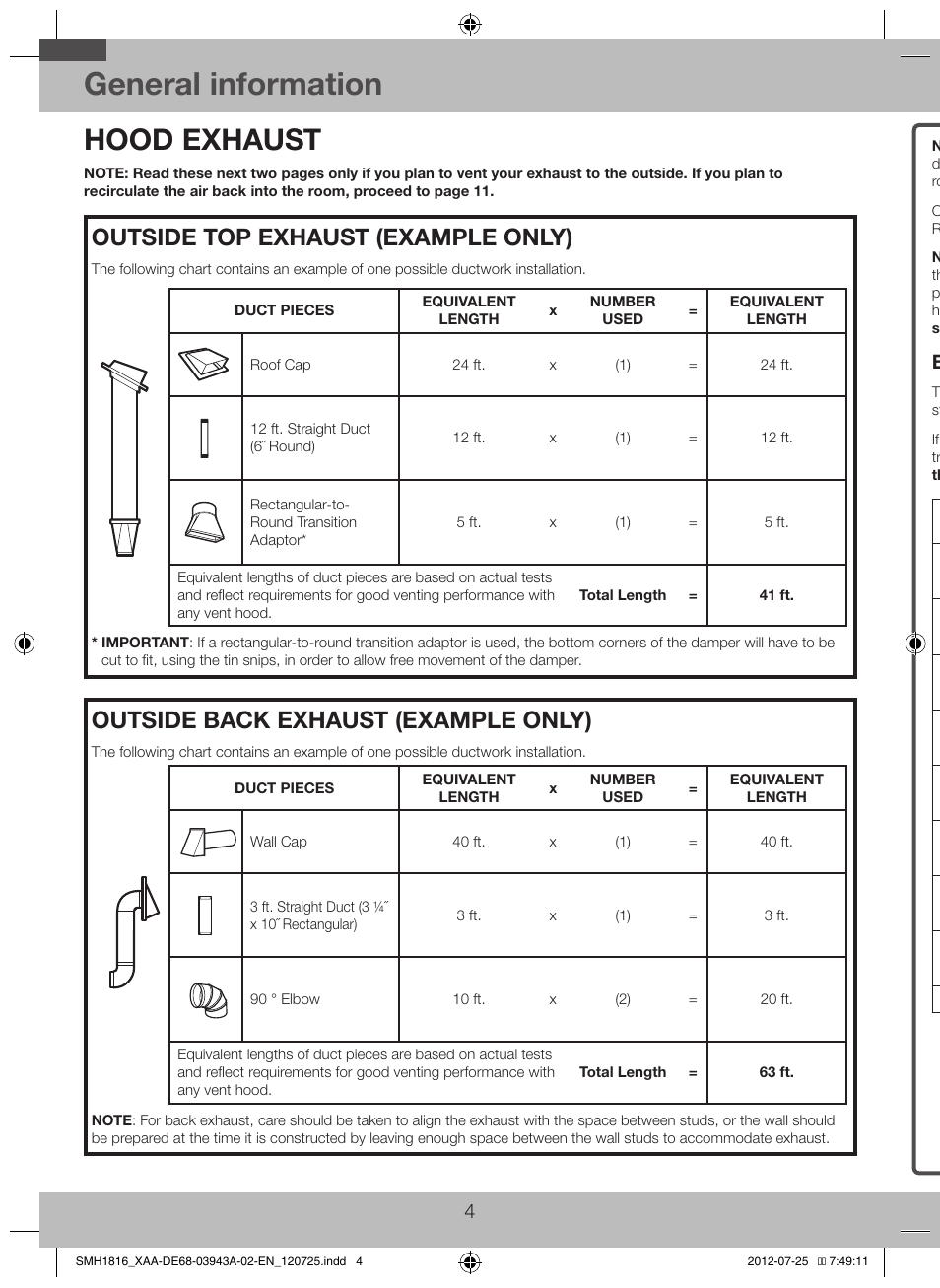 Hood exhaust, General information, Outside top exhaust (example only) | Outside back exhaust (example only), Exhaust connection, Maximum duct length, Elbows, transitions, wall and roof caps, etc | Samsung SMH1926W-XAA User Manual | Page 4 / 20