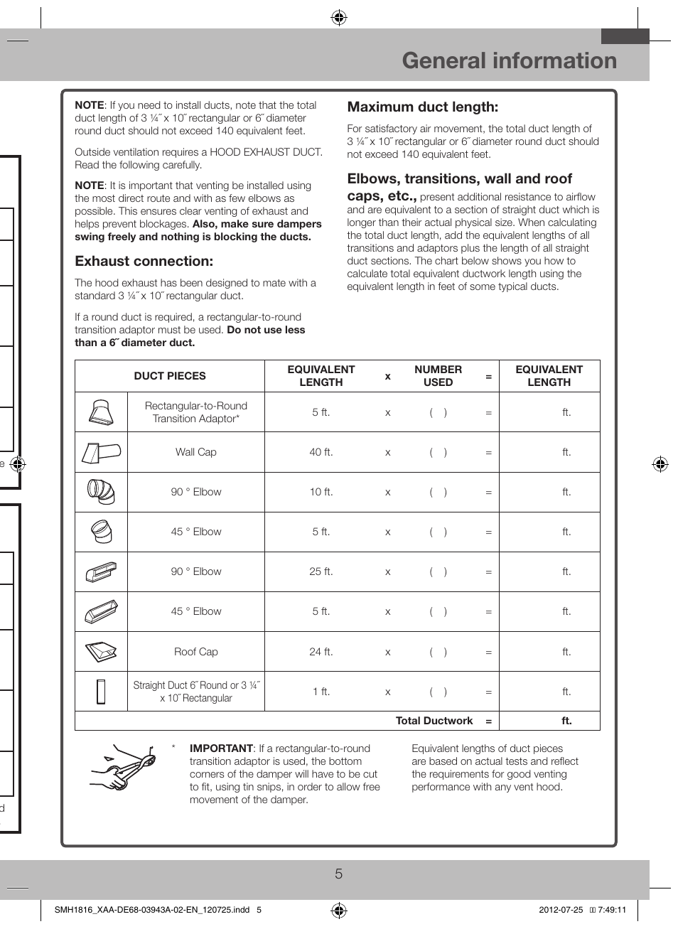 General information, Hood exhaust, Outside top exhaust (example only) | Outside back exhaust (example only), Exhaust connection, Maximum duct length, Elbows, transitions, wall and roof caps, etc | Samsung SMH1926W-XAA User Manual | Page 5 / 20