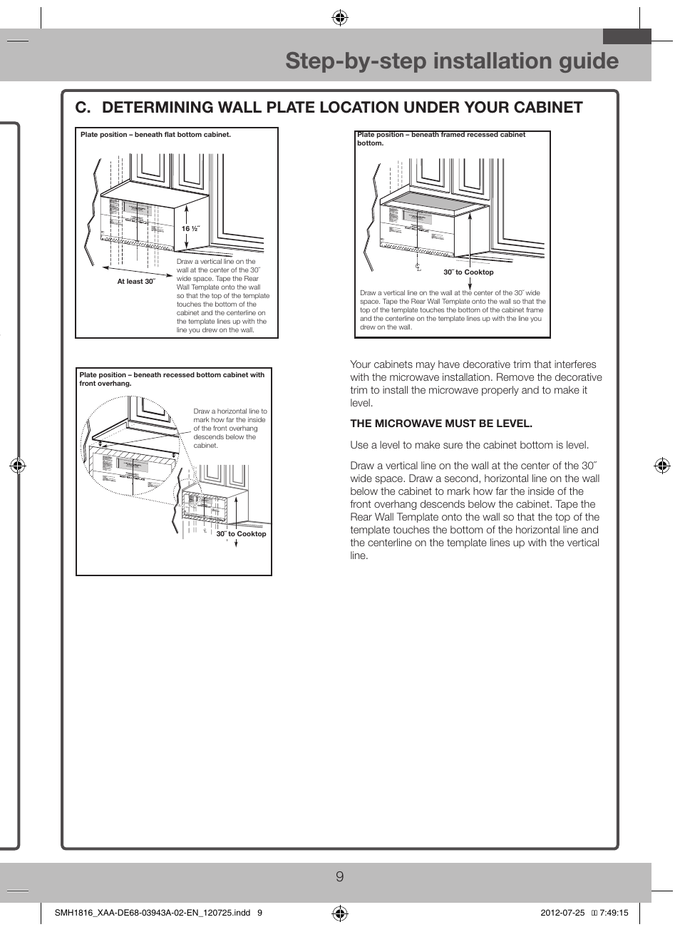 C. determining wall plate location under your, Cabinet, Step-by-step installation guide | Placement of the mounting plate, B. finding the wall studs | Samsung SMH1926W-XAA User Manual | Page 9 / 20
