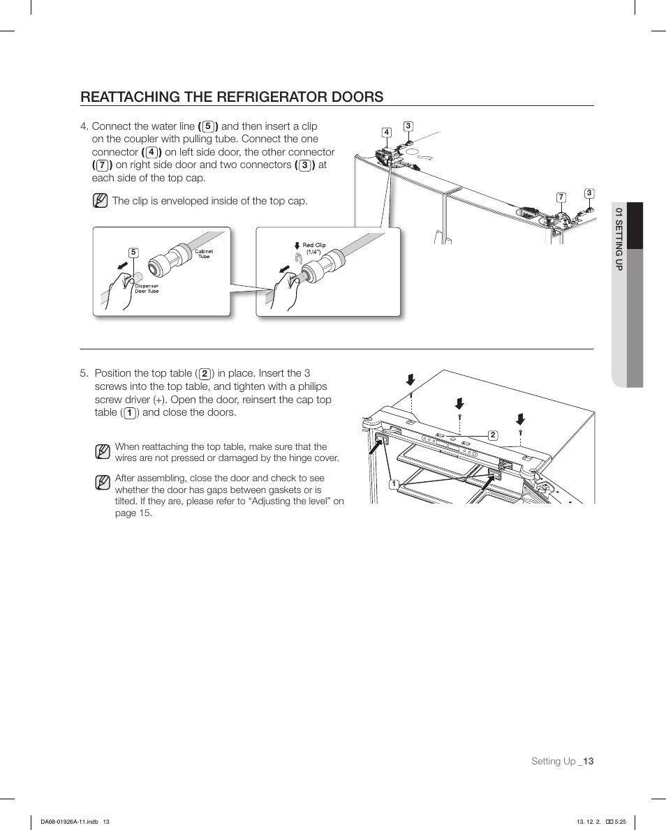 Reattaching the refrigerator doors | Samsung RFG293HAWP-XAA User Manual | Page 13 / 76