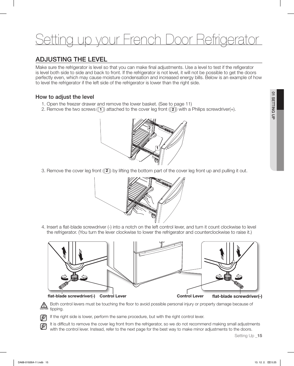 Setting up your french door refrigerator, Adjusting the level | Samsung RFG293HAWP-XAA User Manual | Page 15 / 76