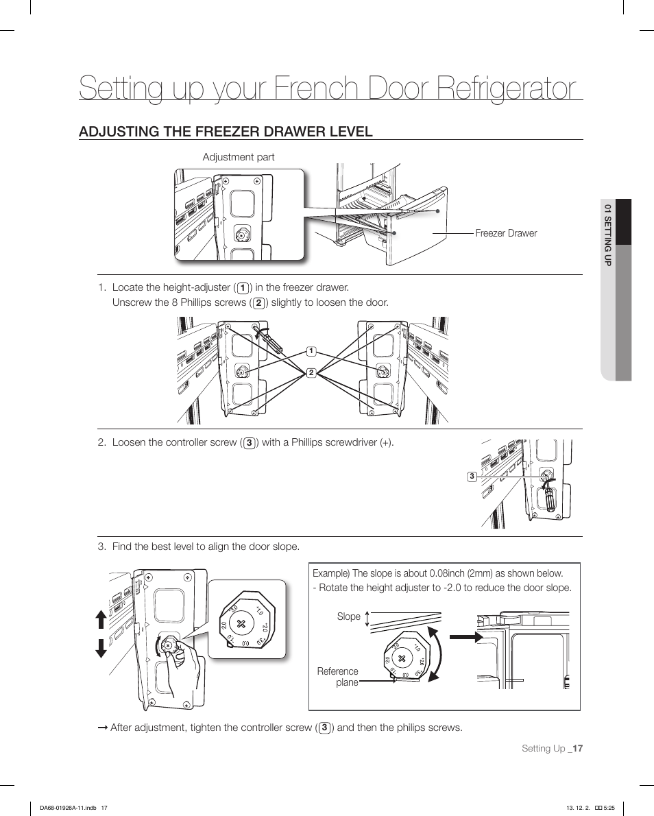 Setting up your french door refrigerator, Adjusting the freezer drawer level | Samsung RFG293HAWP-XAA User Manual | Page 17 / 76
