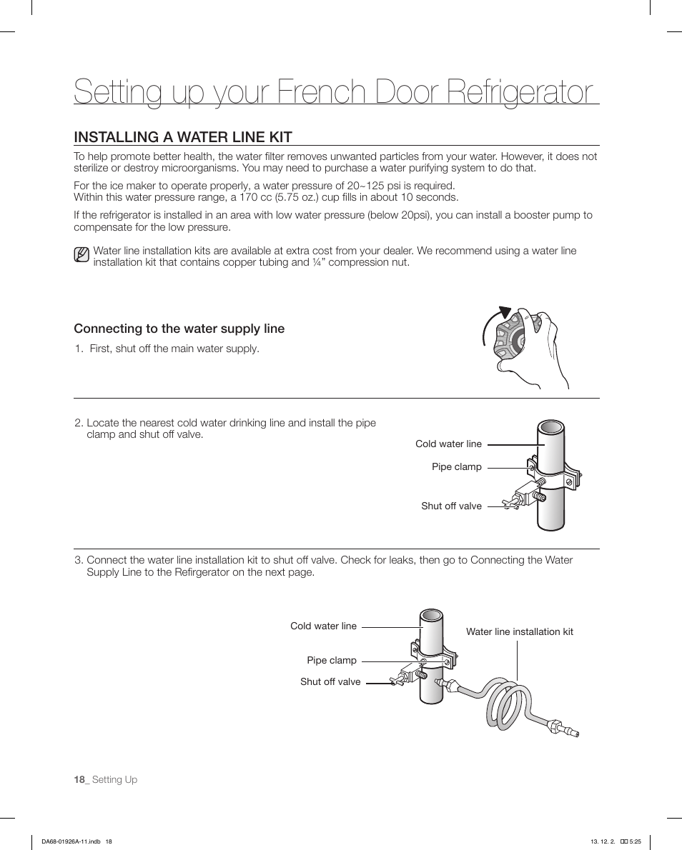 Setting up your french door refrigerator, Installing a water line kit | Samsung RFG293HAWP-XAA User Manual | Page 18 / 76